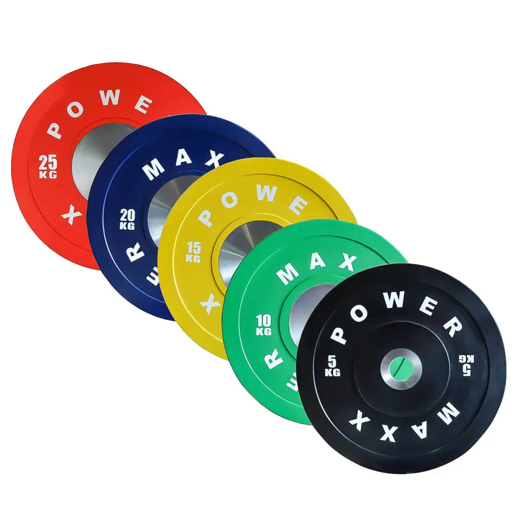 Five colored weight plates labeled “POWER MAX” are lined up diagonally. The weights and colors are: red (25 kg), blue (20 kg), yellow (15 kg), green (10 kg), and black (5 kg).