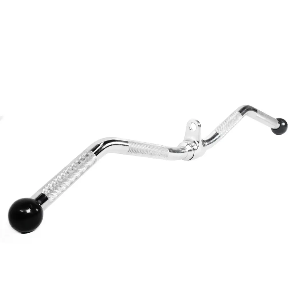 A chrome-plated, knurled exercise bar with angled ends and black round stoppers, often used for cable machine workouts in gyms.