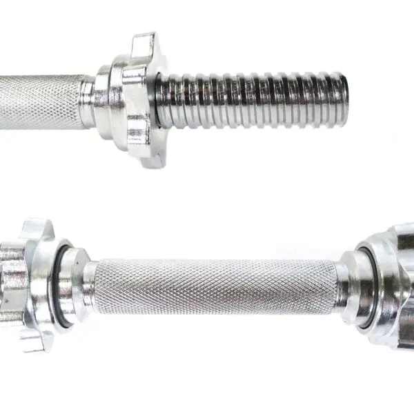 Close-up image of two Standard Dumbbell Handles in silver metal, featuring textured grips and threaded ends, positioned parallel on a white background.