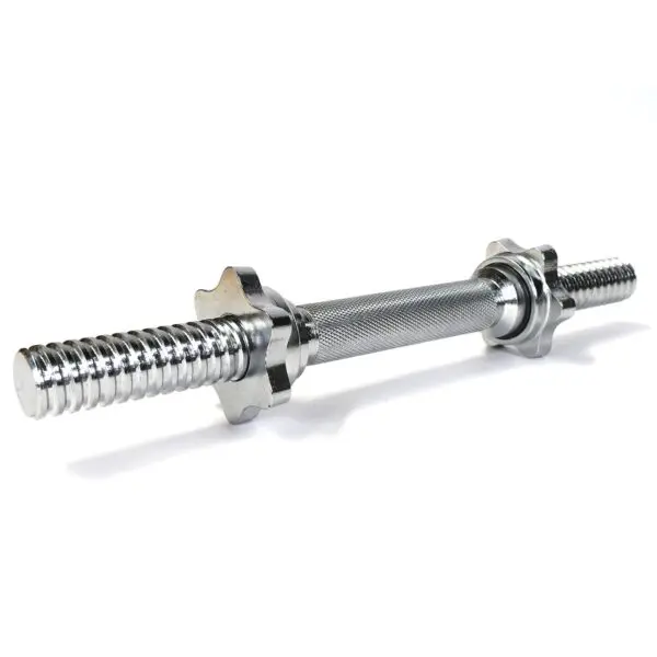 A close-up image shows a Standard Dumbbell Handle with a textured grip, threaded ends, and star-shaped spin-lock collars against a white background, angled diagonally.