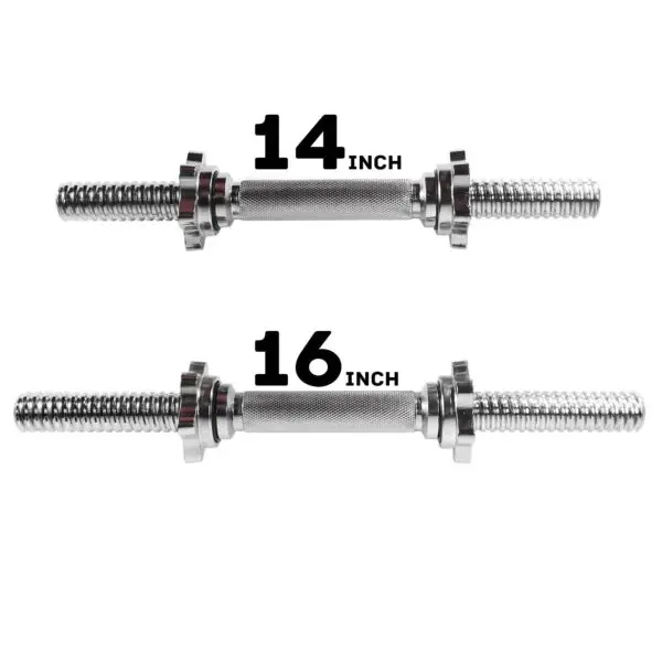 Two Standard Dumbbell Handles are shown on a white background. The top is labeled 14 inch and the bottom 16 inch, both featuring textured grips and adjustable collars for securing weights.