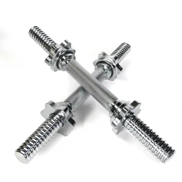 Two Standard Dumbbell Handles crossed on a white background, featuring chrome finish, metal screw threads, and textured grips.