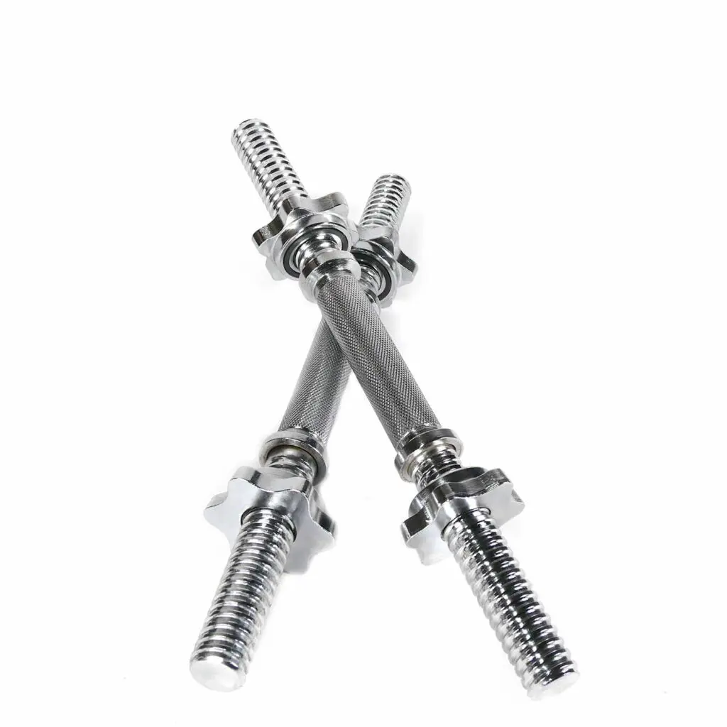 Two Standard Dumbbell Handles cross against a white background, featuring knurled grips and threaded ends with spin-lock collars for securing weights. Their sleek, shiny design highlights strength and durability.
