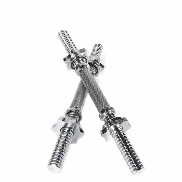 Two Standard Dumbbell Handles cross against a white background, featuring knurled grips and threaded ends with spin-lock collars for securing weights. Their sleek, shiny design highlights strength and durability.