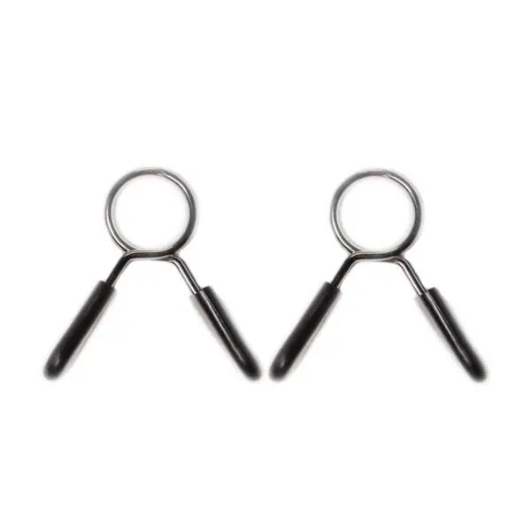 Two Standard Spring Collars 27mm with silver frames and black rubber handles are placed side by side on a white background, designed for securing weight plates during weightlifting.