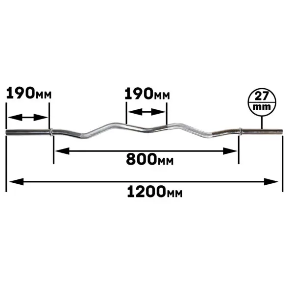 The Power Maxx 8 Barbell Holder features an Olympic curl bar with a total length of 1200mm, a center section of 800mm, grip sections measuring 190mm each at both ends, and a diameter of 27mm.