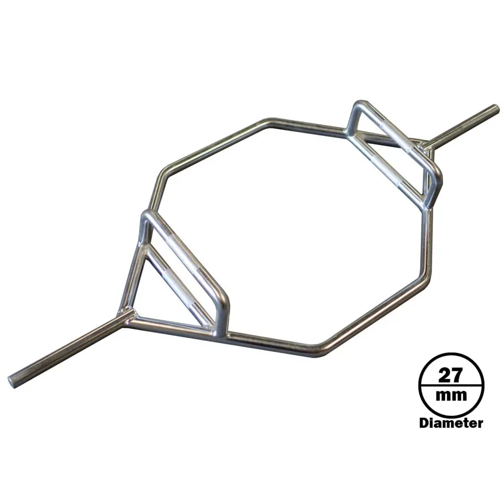 A metallic hex trap bar with raised handles and two straight sleeves for weight plates; the bar has a 27 mm diameter, as indicated by a label in the bottom right corner—ideal for those seeking the best trap bar for their workouts.