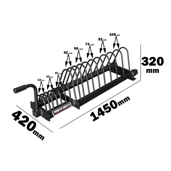 Image featuring the Bumper Weight Plate Toaster Rack, resembling a toaster design. The rack measures 1450mm long, 320mm high, and 420mm wide, with arched compartments for logs ranging from 23mm to 108mm in width.
