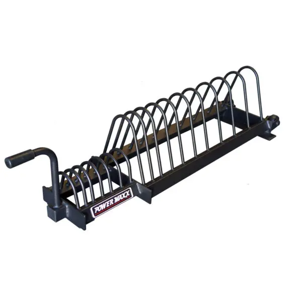 The Bumper Weight Plate Toaster Rack, by Power Klaw, is a sturdy metal tire rack with multiple curved bars for organizing tires. It includes a convenient side handle and features the Power Klaw brand label on the front.