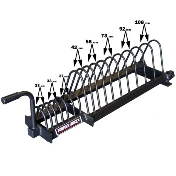 The Bumper Weight Plate Toaster Rack, in black metal, features slots sized from 23mm to 108mm for organizing weightlifting plates. The brand Power Maxx is prominently displayed at its base.