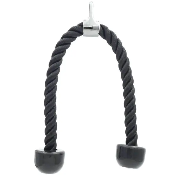 The Tricep Rope Attachment is a black, textured rope with two rubber handles and a metal hook for gym equipment, designed for strength training effectiveness.