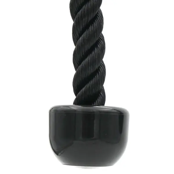 A sturdy black Tricep Rope Attachment with a glossy black end cap features a twisted design, shiny texture, and smooth finish.