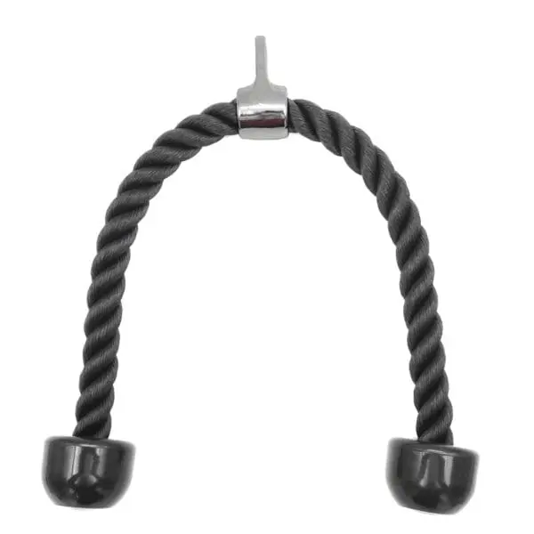 The sleek black Tricep Rope Attachment features a sturdy metal hook at its center and durable rubber ends, ideal for enhancing workouts on exercise machines.