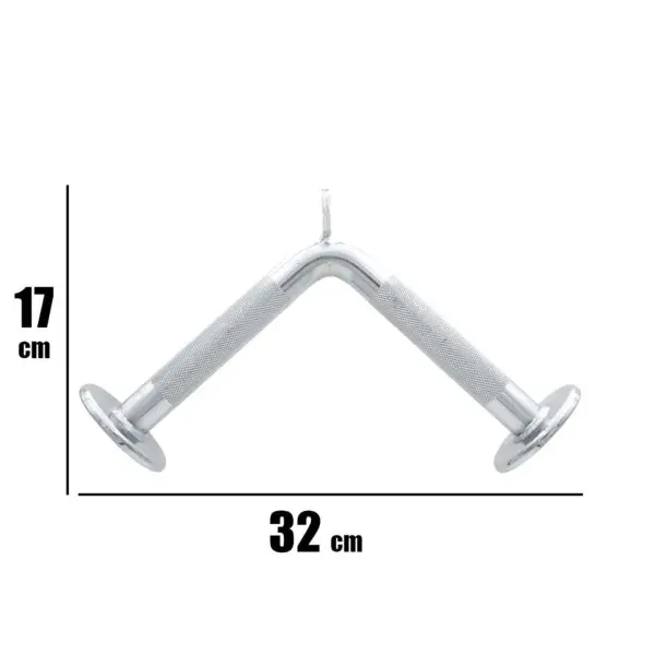 The Tricep V Bar Extension is a metal, V-shaped tricep push-down bar with knurled grips and end plates, measuring 17 cm in height and 32 cm in width.