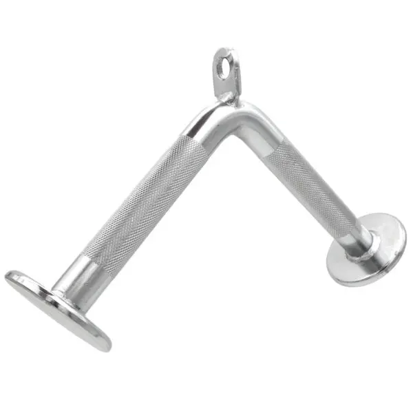 The Tricep V Bar Extension, a chrome V-shaped tricep pushdown cable attachment, features a knurled grip, two circular end caps for secure handling, and a central loop for easy gym equipment attachment.