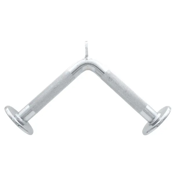 The Tricep V Bar Extension is a V-shaped metal cable attachment with knurled grips and round ends, shown on a white background. Its perfect for weightlifting exercises.