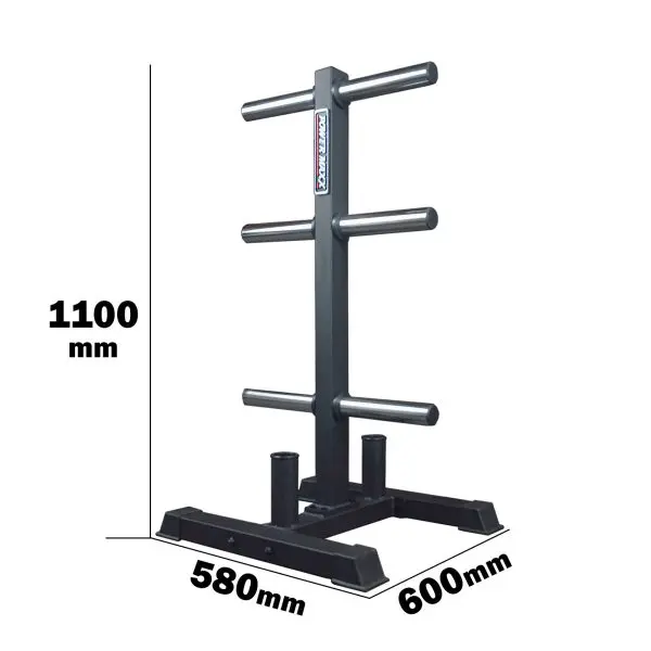 The Power Maxx Olympic Weight Plate Stand is a black metal rack with four horizontal bars, two vertical posts, and a base. It measures 1100 mm in height, 580 mm in width, and 600 mm in depth.