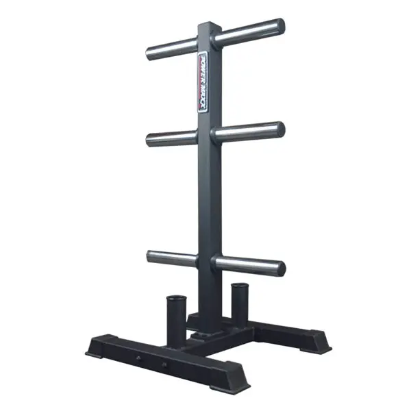 The Power Maxx Olympic Weight Plate Stand is a black metal storage tree with multiple horizontal bars to hold gym weight plates, featuring a sturdy base for stability.
