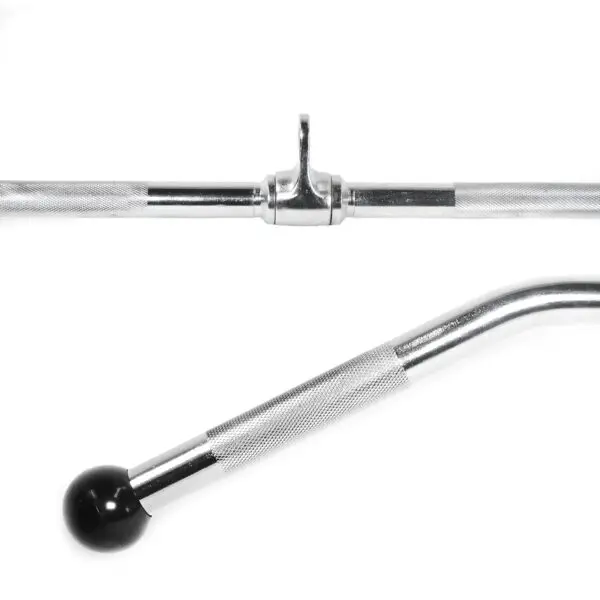 Close-up of metal gym equipment: a straight bar with a central swivel and a curved bar with black rubber ends, both featuring textured grips for secure handling. The background is plain white. Product: Wide Lat Pulldown Bar.