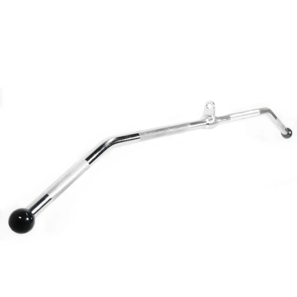 A shiny, metallic wide lat pulldown bar with a black knob on one end, slightly curved. It features a textured grip section and a small loop for attachment near the center.