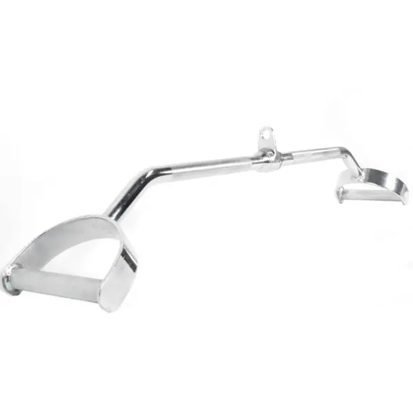 The Wide D Grip Pulldown Bar boasts a sleek chrome finish with two angled handles and a central mounting bracket, reflecting light and offering a minimalistic design ideal for bicycles or similar applications.