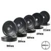 A diagonal arrangement showcases five black Olympic bumper weight plates from a 150kg set, each labeled with thicknesses: 90mm, 80mm, 60mm, 40mm, and 25mm. All have a uniform diameter of 450mm and are marked as weighing 25 KG.