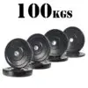 The 100kg Black Bumper Package features weight plates on a white background, each labeled 20 KG, with 100 KGS boldly displayed above.
