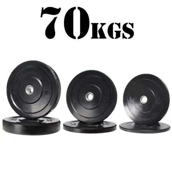 The 70kg Black Bumper Package includes three pairs of black plates: two 20 kg, two 15 kg, and two 10 kg, with central holes for a barbell and 70 KGS displayed above the weights.