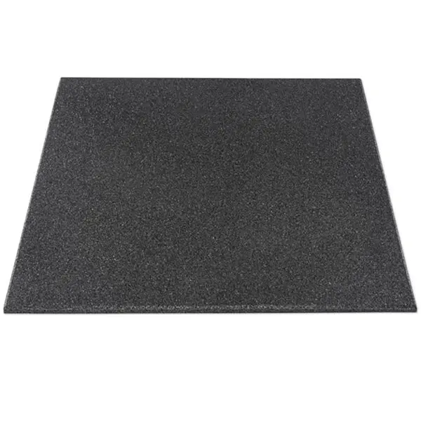 A square, 1m x 1m GymFloor® mat in dark gray rubber with a textured, speckled surface is viewed from above.