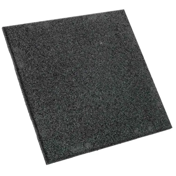The GymFloor® RTS 50x50@20mm is a square, textured black rubber mat with a slightly raised surface, presented against a white background to highlight its thickness and rough texture.