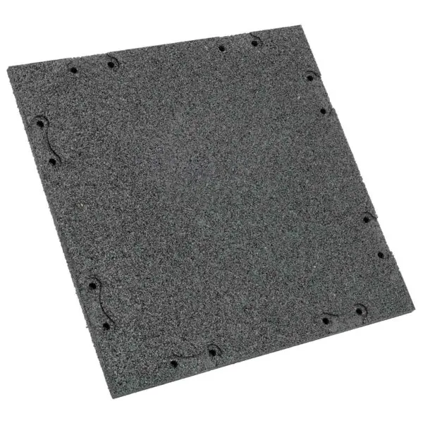 The GymFloor® RTS 50x50@20mm is a square black tile with a textured surface featuring small edge holes for interlocking. Made of rubber or similar material, its perfect for flooring applications.