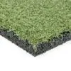 Close-up view of a cross-section of GymFloor® RTS Turf 50x50@20mm. The top layer features green synthetic grass blades, with a compact black crumb rubber or foam middle layer for cushioning, neatly highlighting its structure.