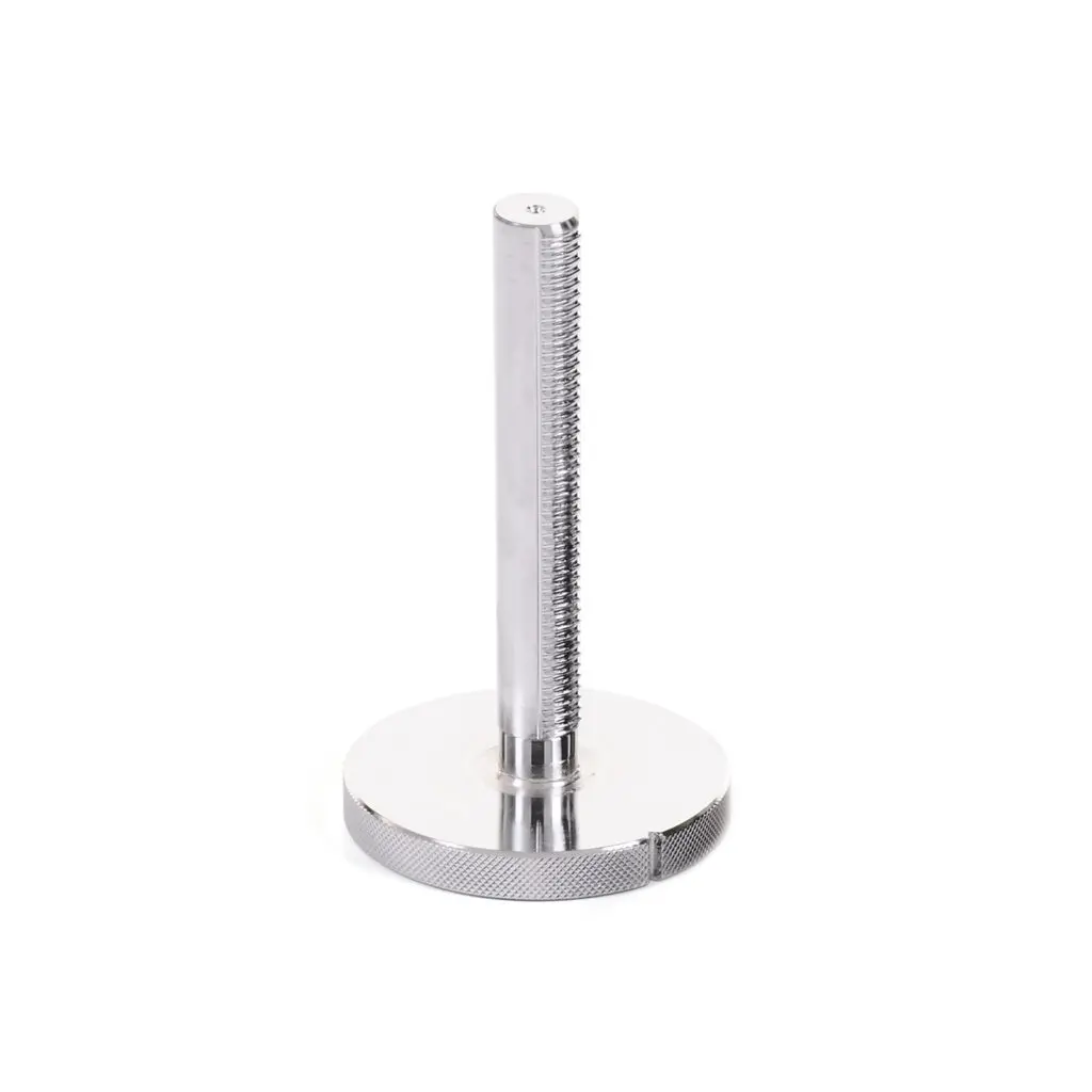 The Add On Kit Kettlebell Screw features a silver, cylindrical threaded rod and a round, flat base with a textured edge. The vertically oriented rod has grooves along its length, set against a plain white background.