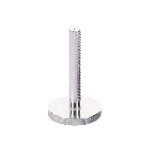 The Add On Kit Kettlebell Screw features a silver, cylindrical threaded rod and a round, flat base with a textured edge. The vertically oriented rod has grooves along its length, set against a plain white background.
