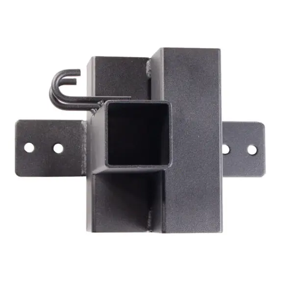 The Ironmaster Ultimate Chin Up Attachment for IM2000 is a black metal adapter with a square tube and mounting plate, featuring a U-shaped hook on one side and two elongated holes on each side of the plate for attachment.