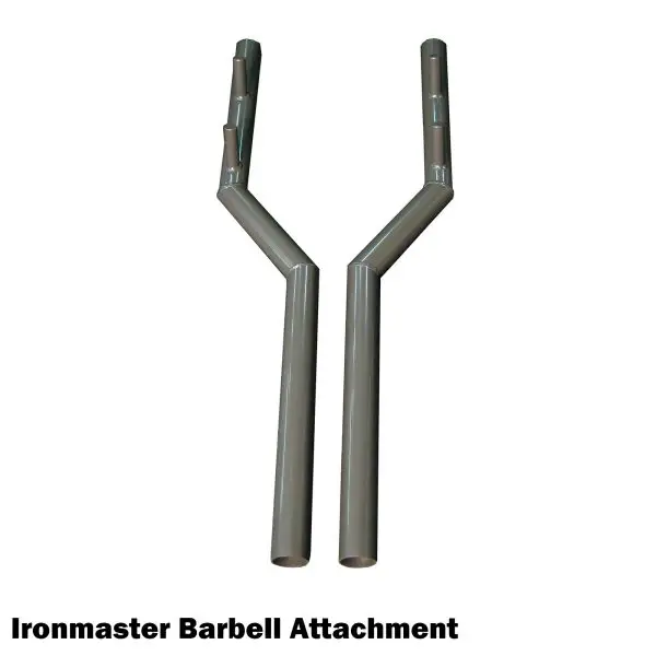 The Ironmaster Dumbbell Spotting Stand BASE is a metal attachment featuring dual parallel rods that curve into a Y shape, designed to fit onto barbells for weightlifting exercises.
