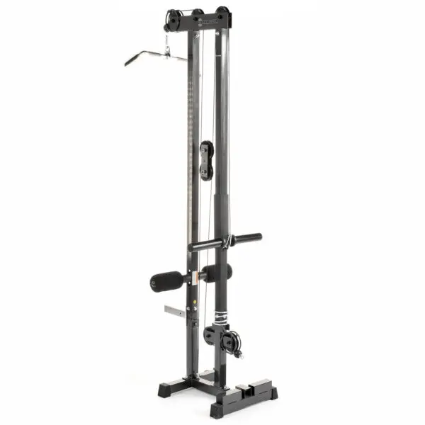 The Ironmaster Cable Tower Attachment V2 is a tall, black strength training machine with pulleys and cables. It includes a central column and attachments for exercises like lat pull-downs and seated rows, all set on a sturdy black base.