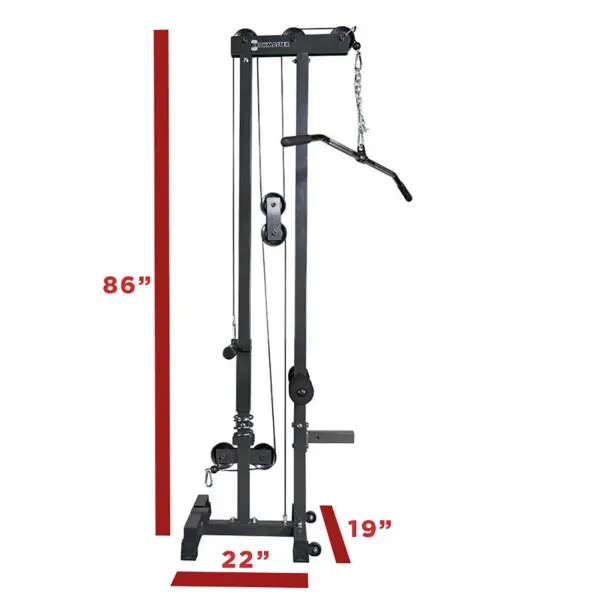 The Ironmaster Cable Tower Attachment V2 is a versatile home gym system with a sturdy metal frame, including a lat pull-down feature. Its dimensions are 86 H x 22 W x 19 D.