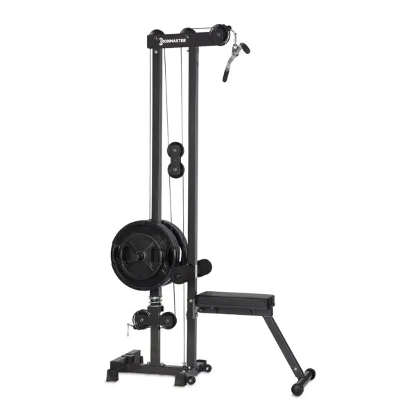 The Ironmaster Cable Tower Attachment V2 is a black cable machine featuring weight plates, pulleys, and an adjustable bench. Designed for diverse strength-training exercises, it boasts a compact and versatile build ideal for personal fitness use.