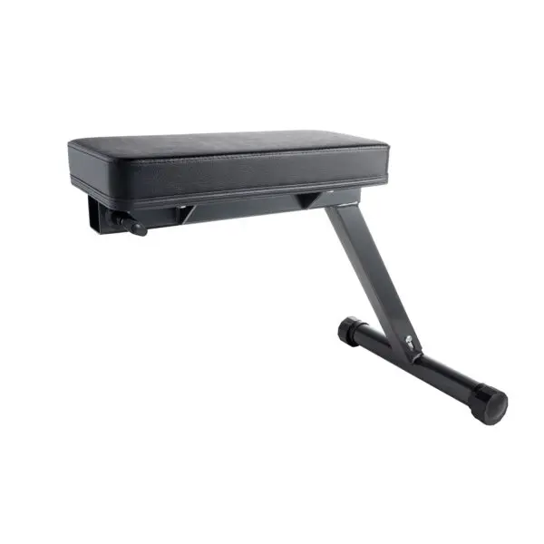 The Ironmaster Cable Tower Seat features a black preacher curl bench with a padded armrest and sturdy metal frame, perfect for upper arm and bicep exercises, and boasts a compact, sleek design.