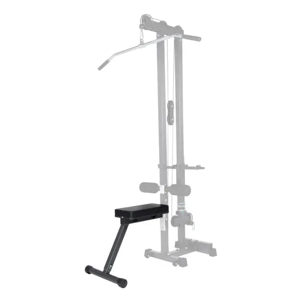 The Ironmaster Cable Tower Seat is a gym machine tailored for back exercises, equipped with a lat pull-down bar, padded seat, and foam leg support rollers. It features a metallic frame with visible cables and pulley mechanisms.