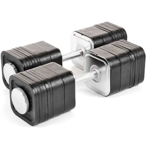 The Quick Lock Dumbbell 165lb Kit features adjustable dumbbells with square black plates and silver handles on a white background. Each dumbbell includes stacked plates for customizable weight adjustments.