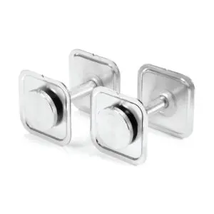 A pair of square-shaped Ironmaster Quick Lock Dumbbell Handles with round, smooth knobs and a sleek chrome finish, positioned side by side.