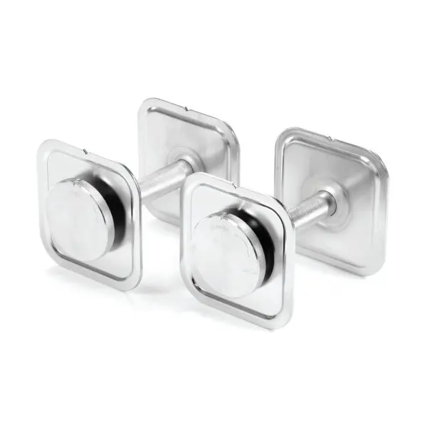 A pair of square-shaped Ironmaster Quick Lock Dumbbell Handles with round, smooth knobs and a sleek chrome finish, positioned side by side.