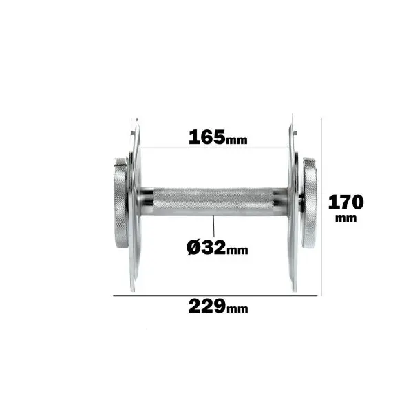 The Ironmaster Quick Lock Dumbbell Handles feature a metal spool with dimensions: 165mm length, 170mm height, Ø32mm diameter, and a total width of 229mm. The spool includes circular metal ends and a central rod, with dimensions labeled on the white background.