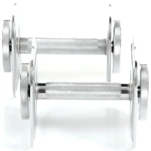 Ironmaster Quick Lock Dumbbell Handles, featuring shiny metal with knurled grips and round plates, are positioned side by side on a white background.
