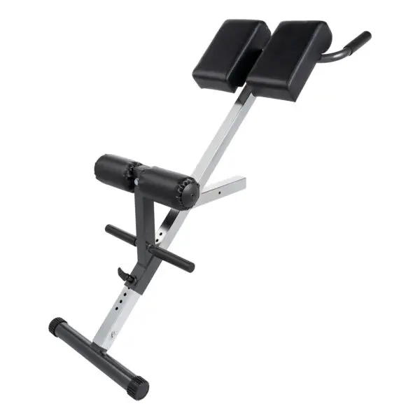 The Ironmaster Hyper Core Attachment is a hyperextension workout bench with black padded cushions and a sturdy metal frame, featuring adjustable settings and support handles for stability during exercises.