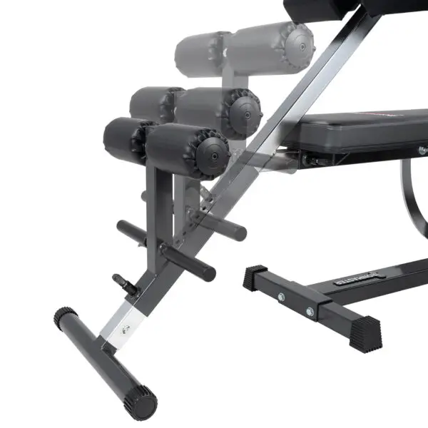 The Ironmaster Hyper Core Attachment is presented with black padding and multiple settings. It includes sturdy metal support bars, rollers for leg exercises, and a sleek, modern design ideal for home gyms.