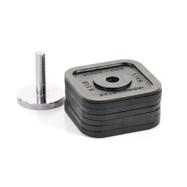 A stack of square black weight plates labeled 1.25 KG sits beside a metallic threaded bolt with a flat, circular base from the 57.5lbs Kettlebell Weight Kit, all against a plain white background.