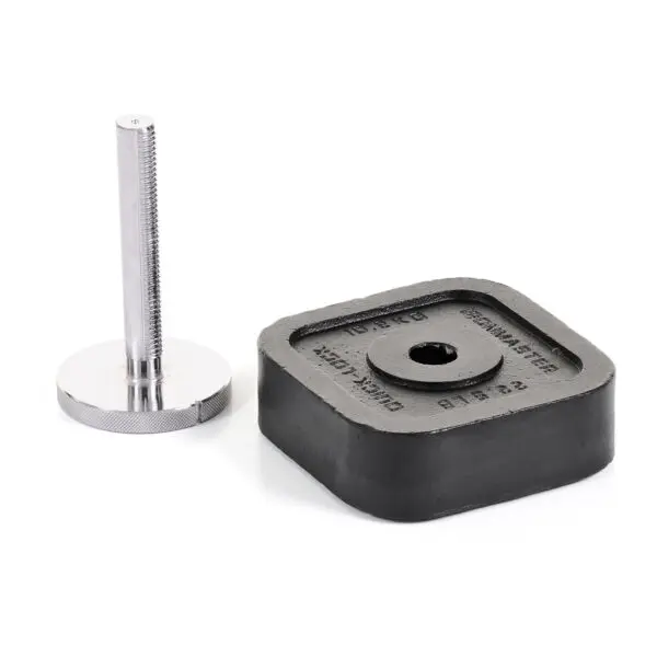 An 80lbs Kettlebell Weight Kit featuring a black, square-shaped kettlebell with a central hole sits next to a shiny silver metal rod with a round base, threaded section, and flat top on a plain white background.